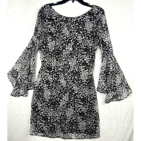 Eliza J Sheath Dress Womens 6 Black‎ Silver Metallic Thread Bell Sleeve Chic - Picture 1 of 9